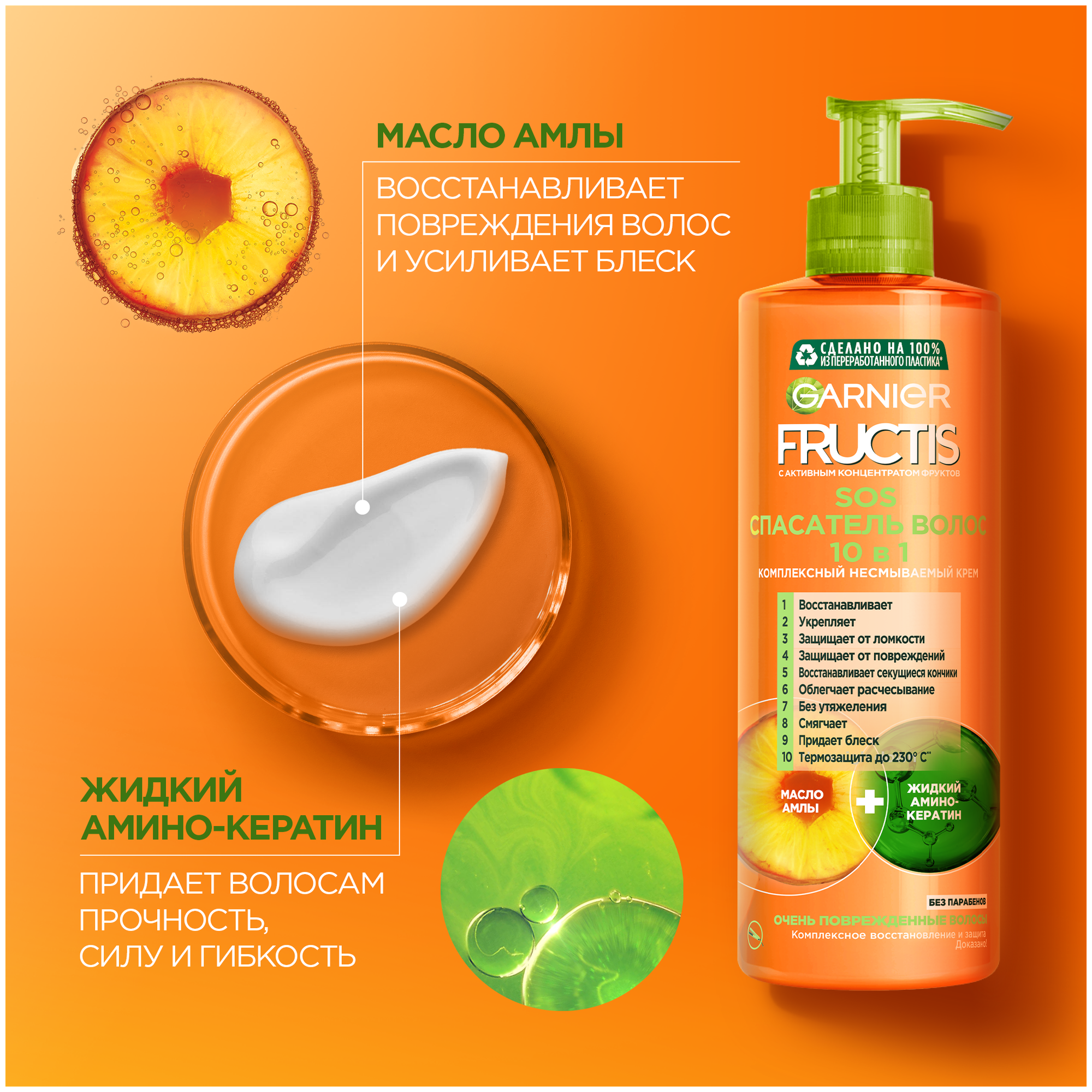 GARNIER Комплексный несмываемый уход Fructis SOS Спасатель волос 10 в 1, 400 мл