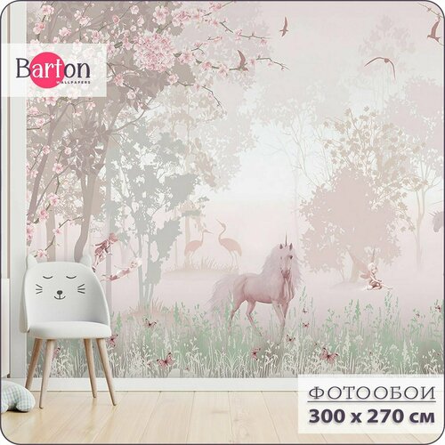 Фотообои на стену флизелиновые 3d Детские Для девочек Лес Единорог 300х270 см Bartonwall K270