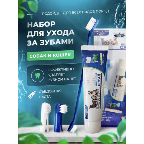 Набор для чистки, зубная паста щетка для собак, вкус говядина (100 мл.) + щетки