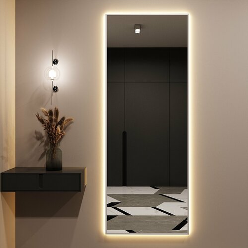 Зеркало с подсветкой в алюминиевой раме настенное ALUMIRROR 160х60 см. Свет: Теплый белый 3000К. Серебро