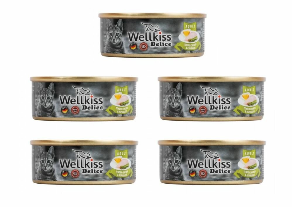 5 ШТ Wellkiss Delice Влажный корм (консервы) для кошек, нежное филе цыпленка со спаржей, 100 гр.
