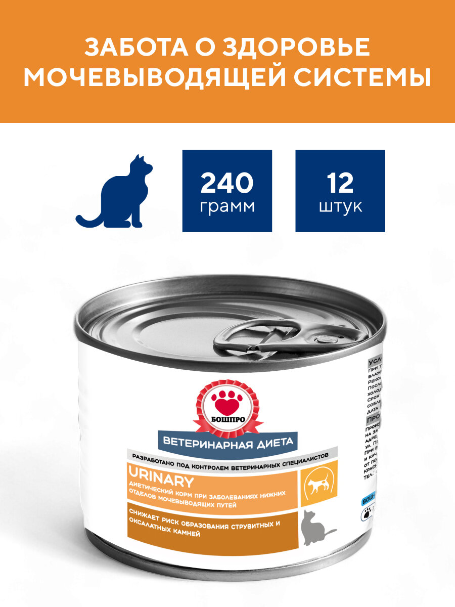 Диетический корм для кошек бошпро URINARY при заболеваниях нижних отделов мочевыводящих путей, 12 шт.*240 г