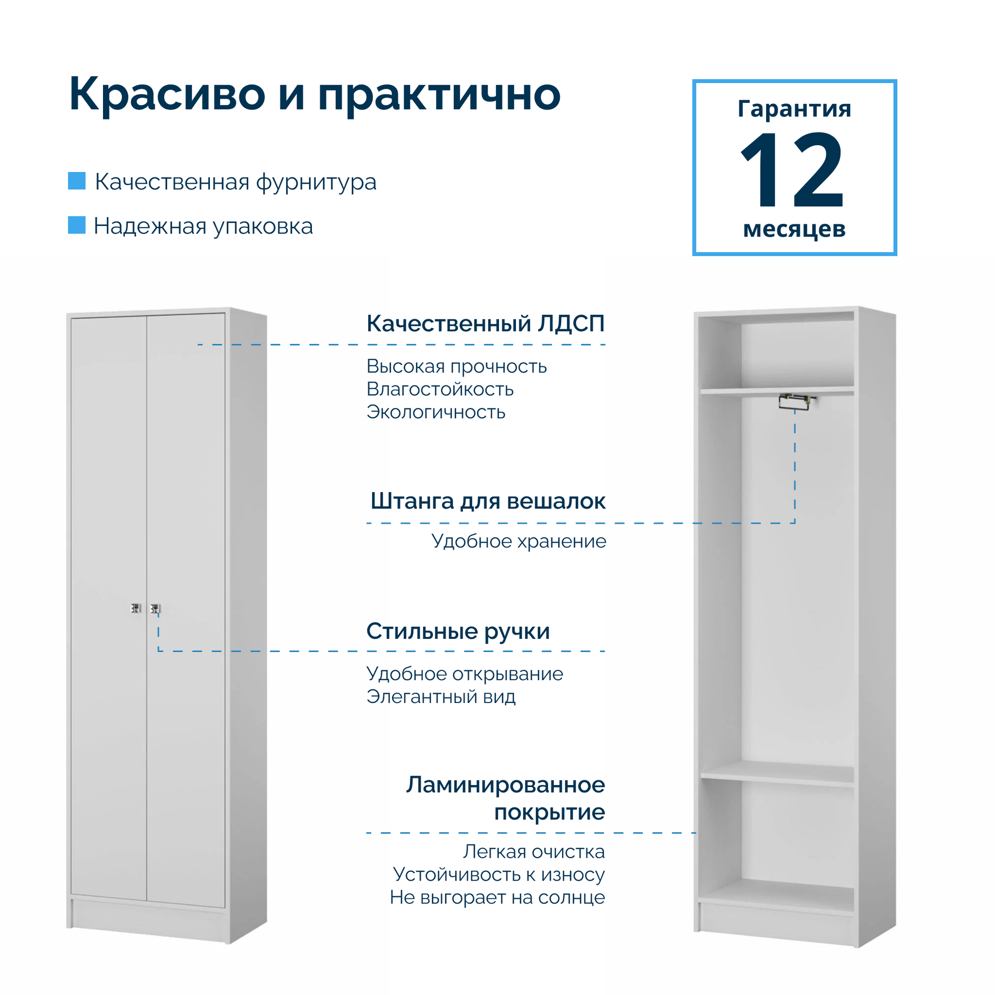 Двухстворчатый Шкаф для одежды в прихожую, спальню или гостиную 60см белый с тиснением - ТК0382 — фото 1