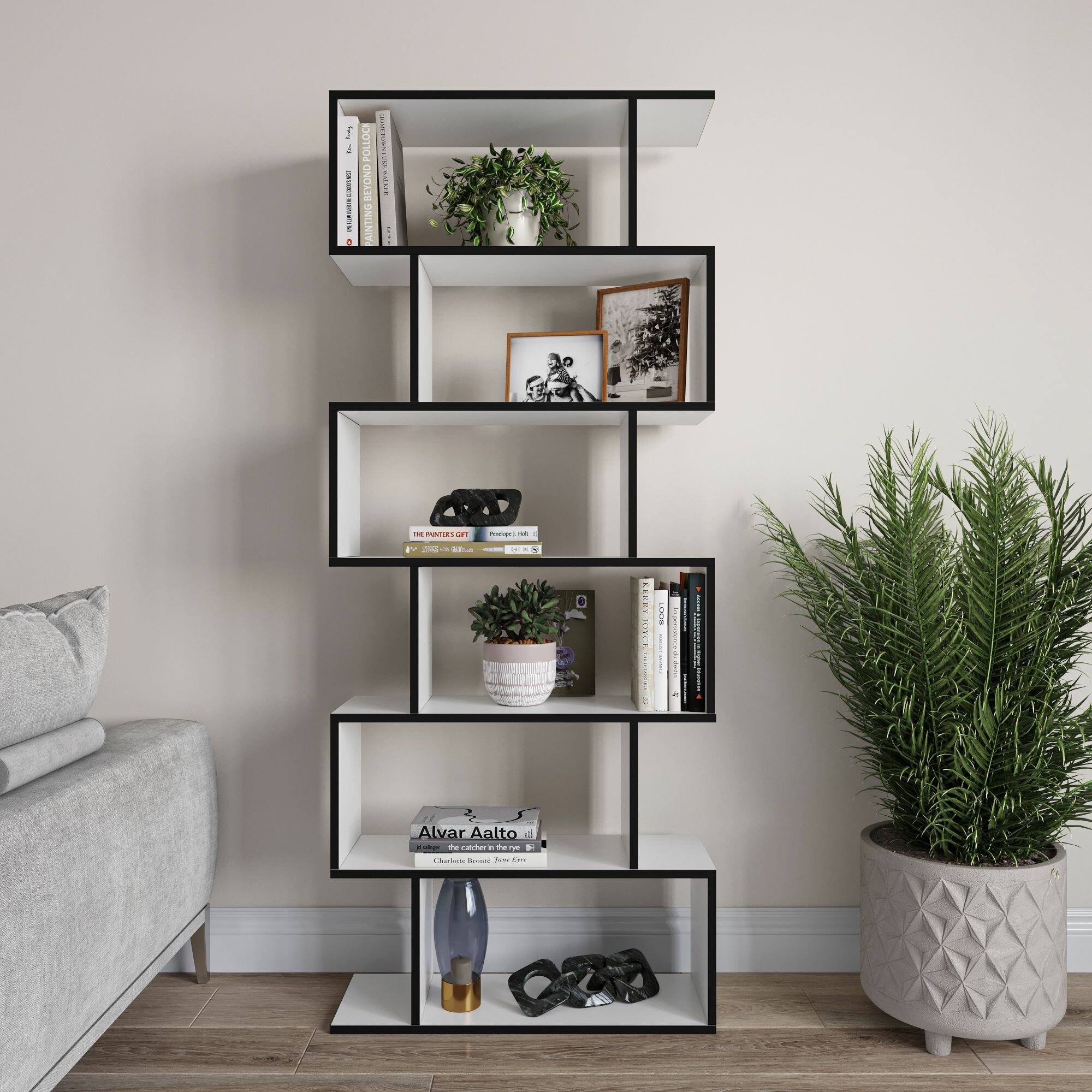 Стеллаж Еврокомфорт  лофт стиль  6 полок  белый с черной кромкой