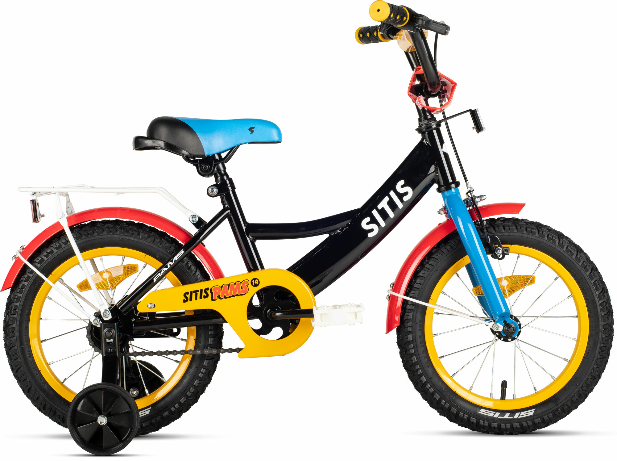Велосипед городской SITIS PAMS 14 (2025) Black-Blue-Yellow, для детей на рост 95-110 см, стальная рама