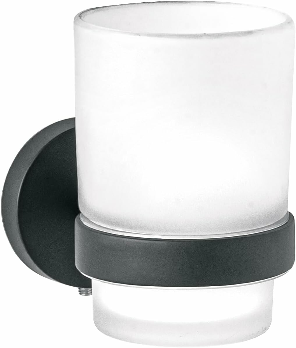 Foset TBA-71M, Portavaso cepillero Acabado Negro con Vaso de Vidrio, Toothbrush Holders, Sub-Type Toothbrush Holder, Colour Chrome, Mounting Wall Mounted, Material Zinc Alloy support+ Glass, Lenght 95mm, Glass diameter 60mm, Holder diameter 50mm, Style