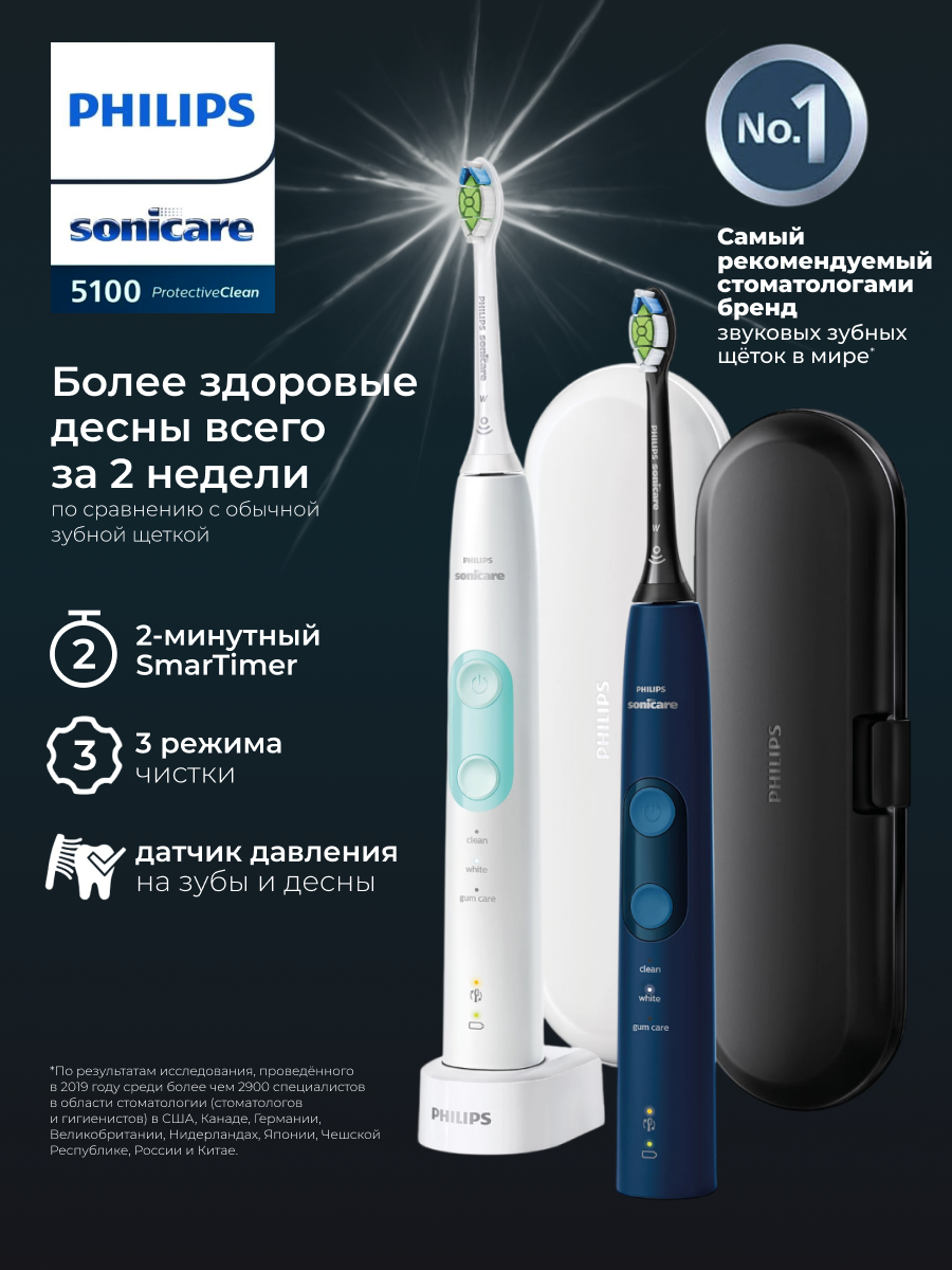 Набор из 2-х электричсеких зубных щеток Philips Sonicare ProtectiveClean 5100 HX6851/34 Черная и белая