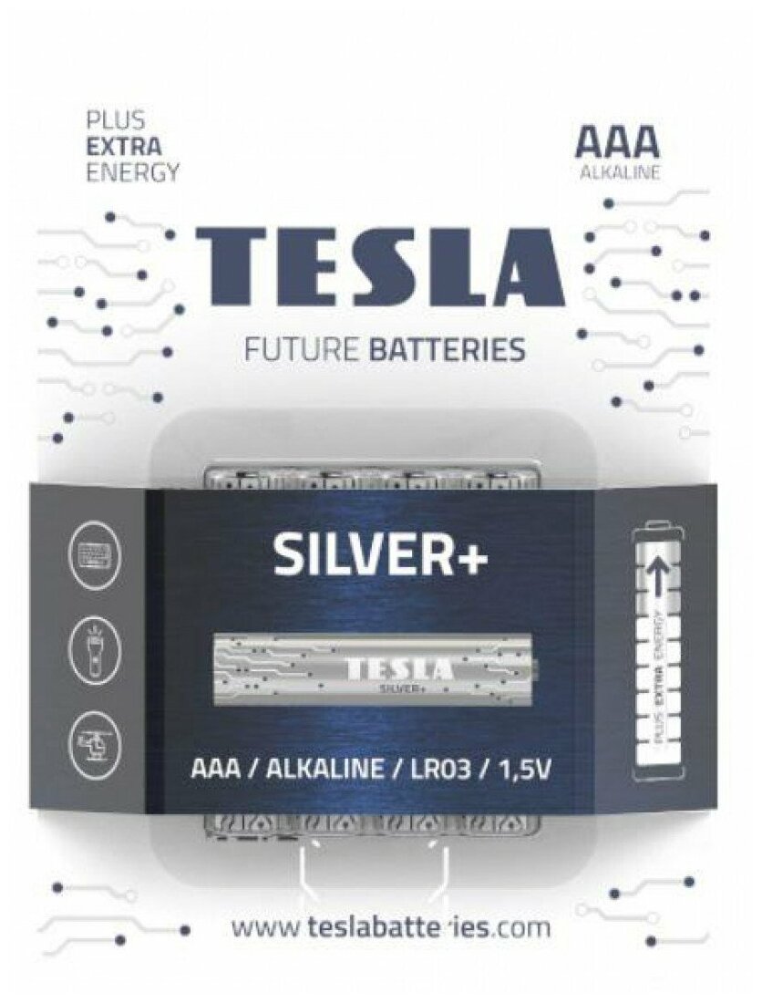 Батарейки щелочные Tesla AAA/LR03, 4 шт Silver Plus