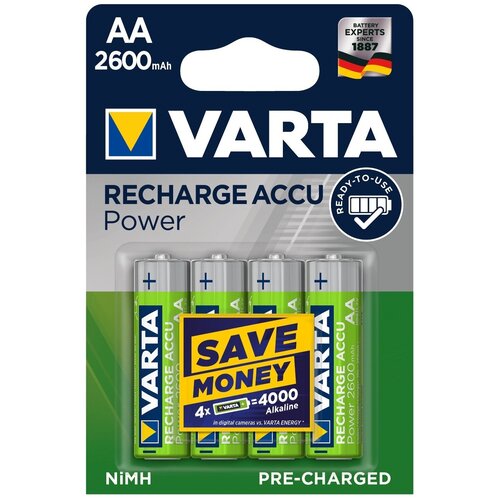 Аккумулятор Ni-Mh 2600 мА·ч 1.2 В VARTA Recharge Accu Power 2600 AA, в упаковке: 4 шт. аккумулятор ni mh 2600 ма·ч 1 2 в gp aa recyko 2600 в упаковке 6 шт