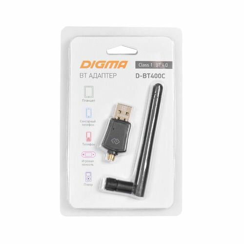 Bluetooth адаптер Digma D-BT400C BT 4.0+EDR class 1, USB, 100м, черный