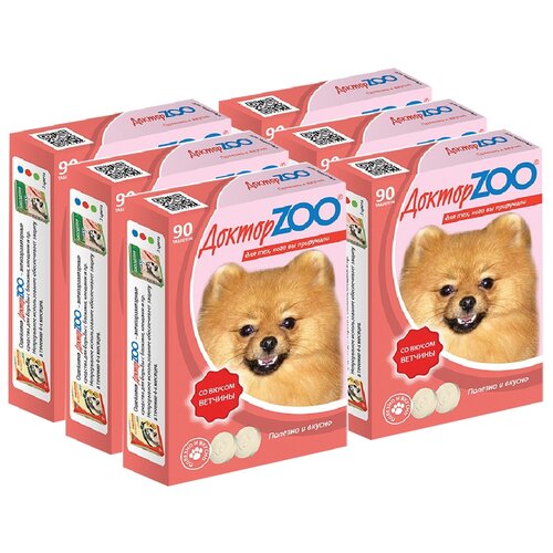 Кормовая добавка Доктор ZOO для собак Со вкусом ветчины и биотином , 90 таб. х 6 уп. лакомство для собак добавка к пище корм