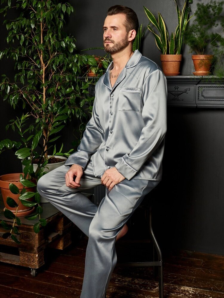 Пижама мужская из шелка с брюками и рубашкой как у Бо, цвет серый, размер 48 - фотография № 4