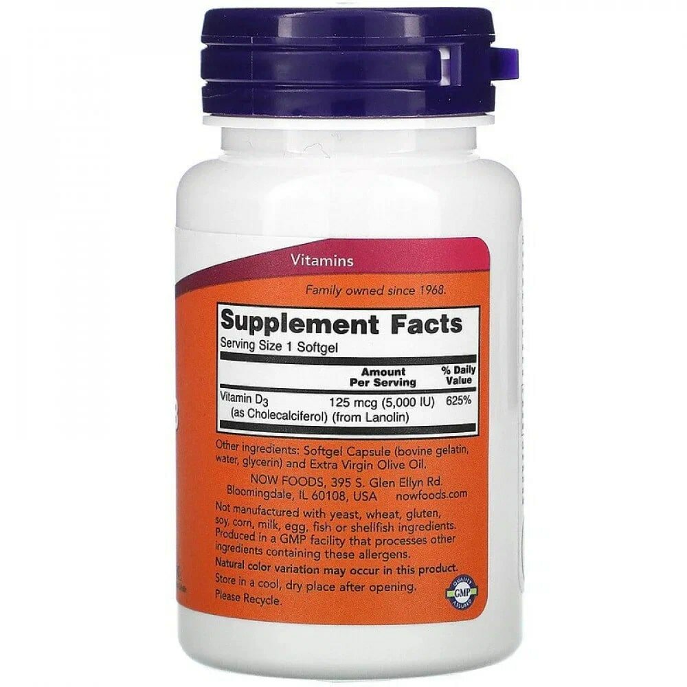 NOW Foods, Vitamin D-3, 5,000 IU, Витамин D-3, 5000 МЕ, 120 мягких таблеток