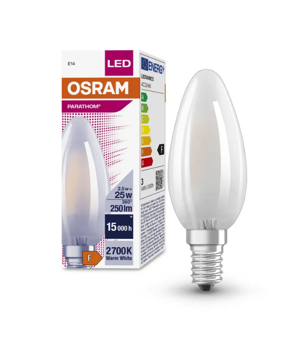 Лампочка филаментная светодиодная OSRAM Parathom B, Свеча, 250лм, 2,5Вт, 2700К (теплый белый свет), E14, матовая