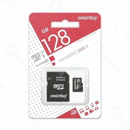 Карта памяти SmartBuy microSDXC 128 ГБ Class 10, UHS-I U1, R 80 МБ/с, адаптер на SD