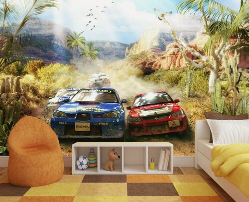 Изображение товара Фотообои флизелиновые 300х200см. на стену. Серия KIDS ARTDELUXE. Гоночные автомобили. Обои дизайнерские, эксклюзивные для детской комнаты.