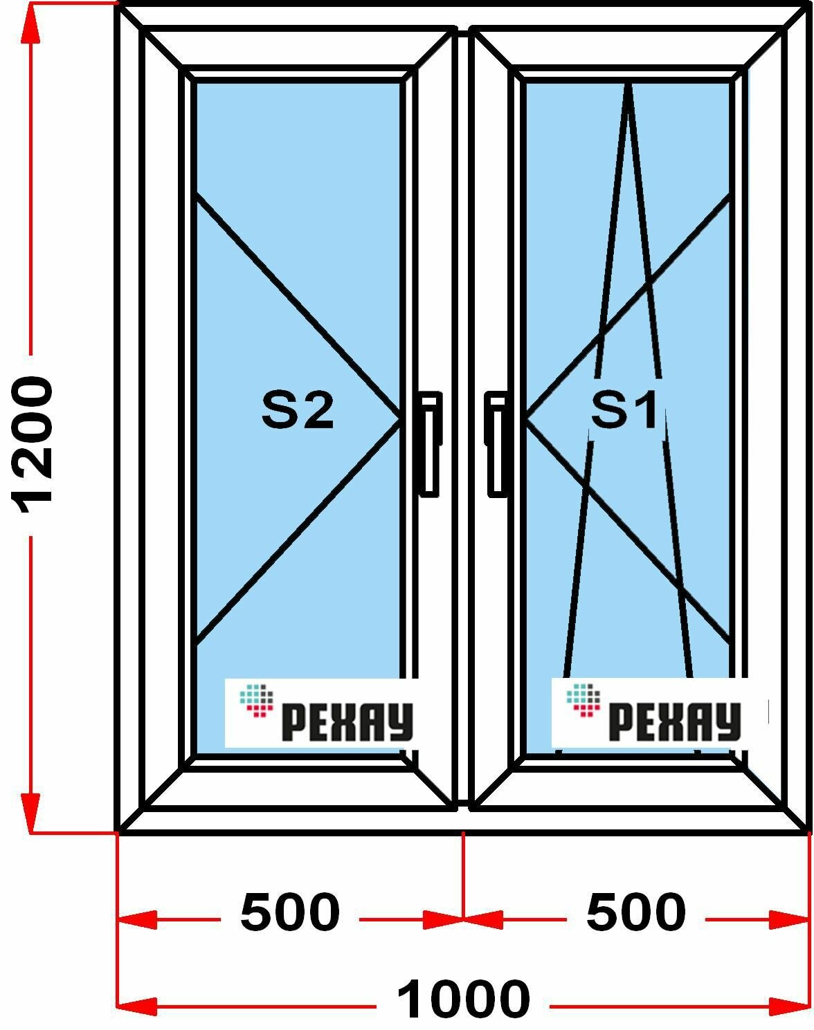 Окно из профиля РЕХАУ BLITZ (1200 x 1000) 36, левая створка поворотная, правая поворотно-откидная, 2 стекла