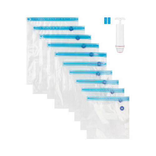 Вакуумные пакеты для продуктов 10 шт насос 2 клипсы Набор многоразовых Zip пакетов для хранения и заморозки вакууматора и вакуумного насоса 669₽