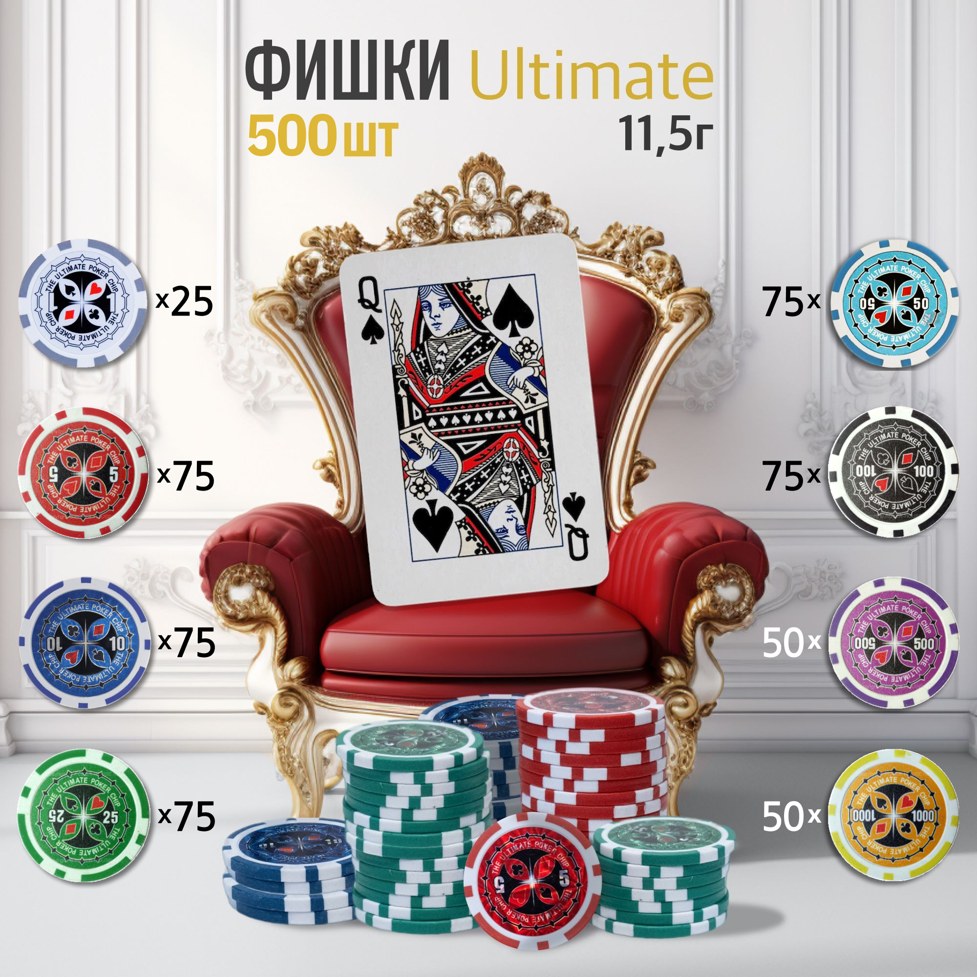 Набор для покера VegasPokerPro 500 фишек 11,5г с номиналом в алюминиевом кейсе — фото 1