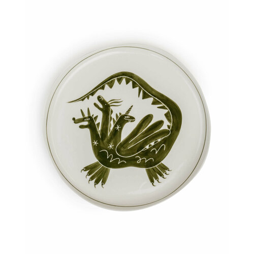 Тарелка Горыныч Лукоморье керамика 23 см белая с зеленым ручная роспись 5900₽