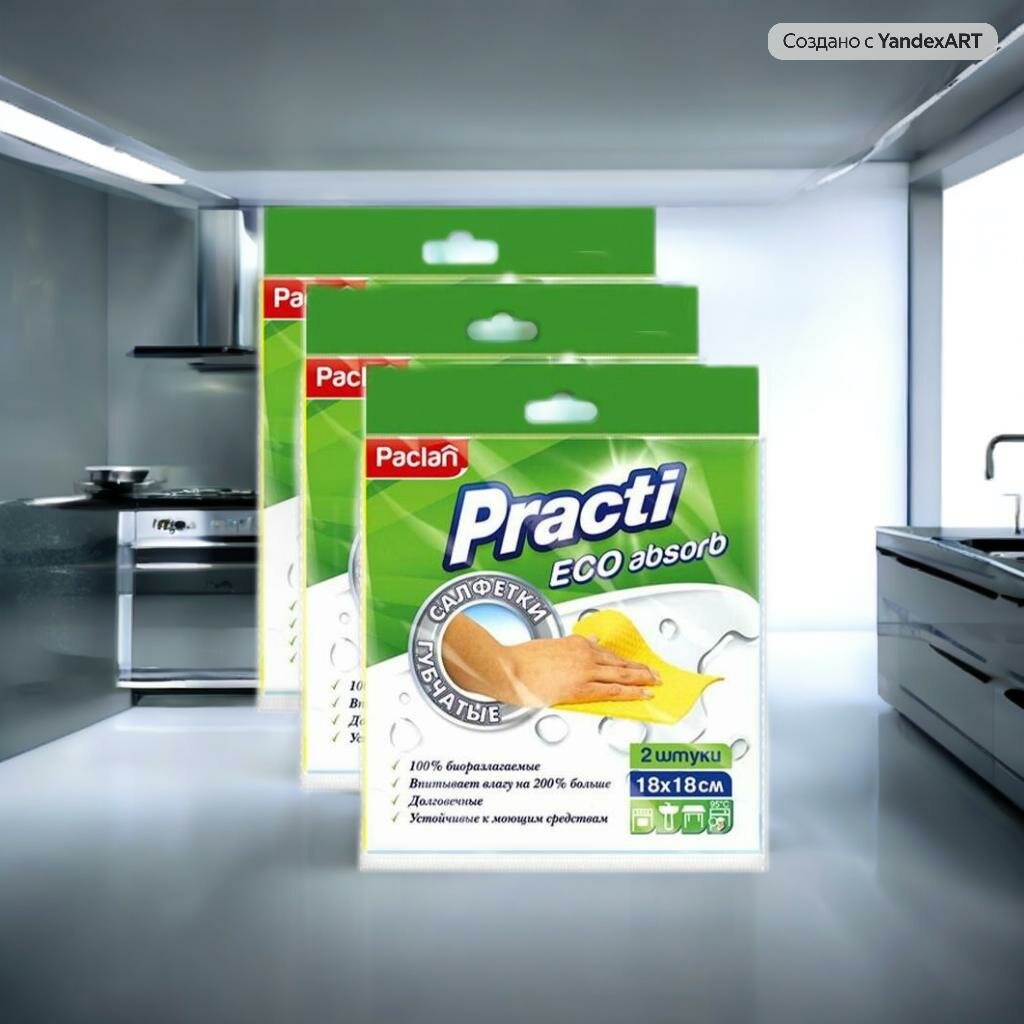 Салфетки хозяйственные губчатые 3 уп Paclan Soft ECO целлюлоза 18x18 см 200 г/кв. м 2 штуки в упак