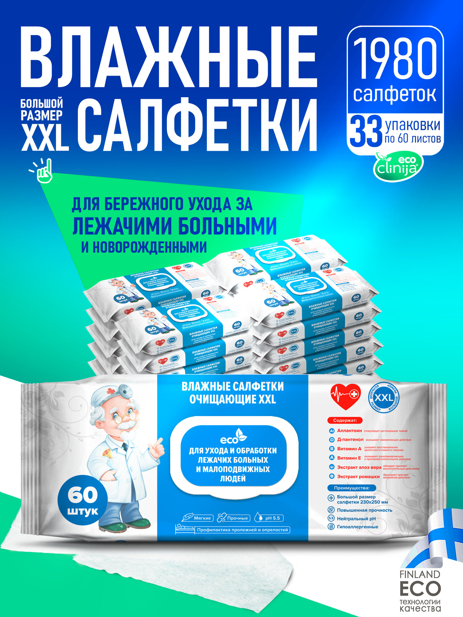 Влажные салфетки Clinija Eco XL для ухода за больными с пантенолом 33 уп