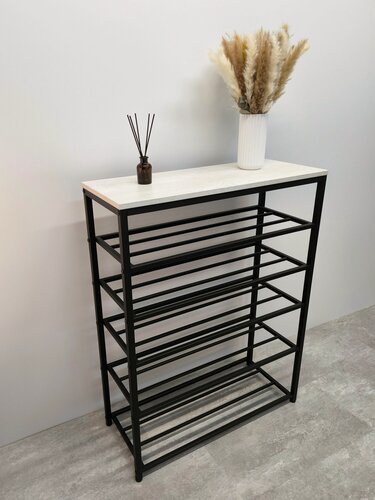 Изображение товара Обувница для прихожей "Мэйли" 5 полок / 66х30х98см / черный каркас - ЛДСП бетон белый