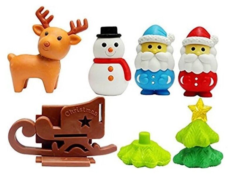 IWAKO набор Ластиков рождество. 6 разборных предметов: два Деда мороза, Снеговик, Олень, Сани, Ёлка. Блистер подарочный