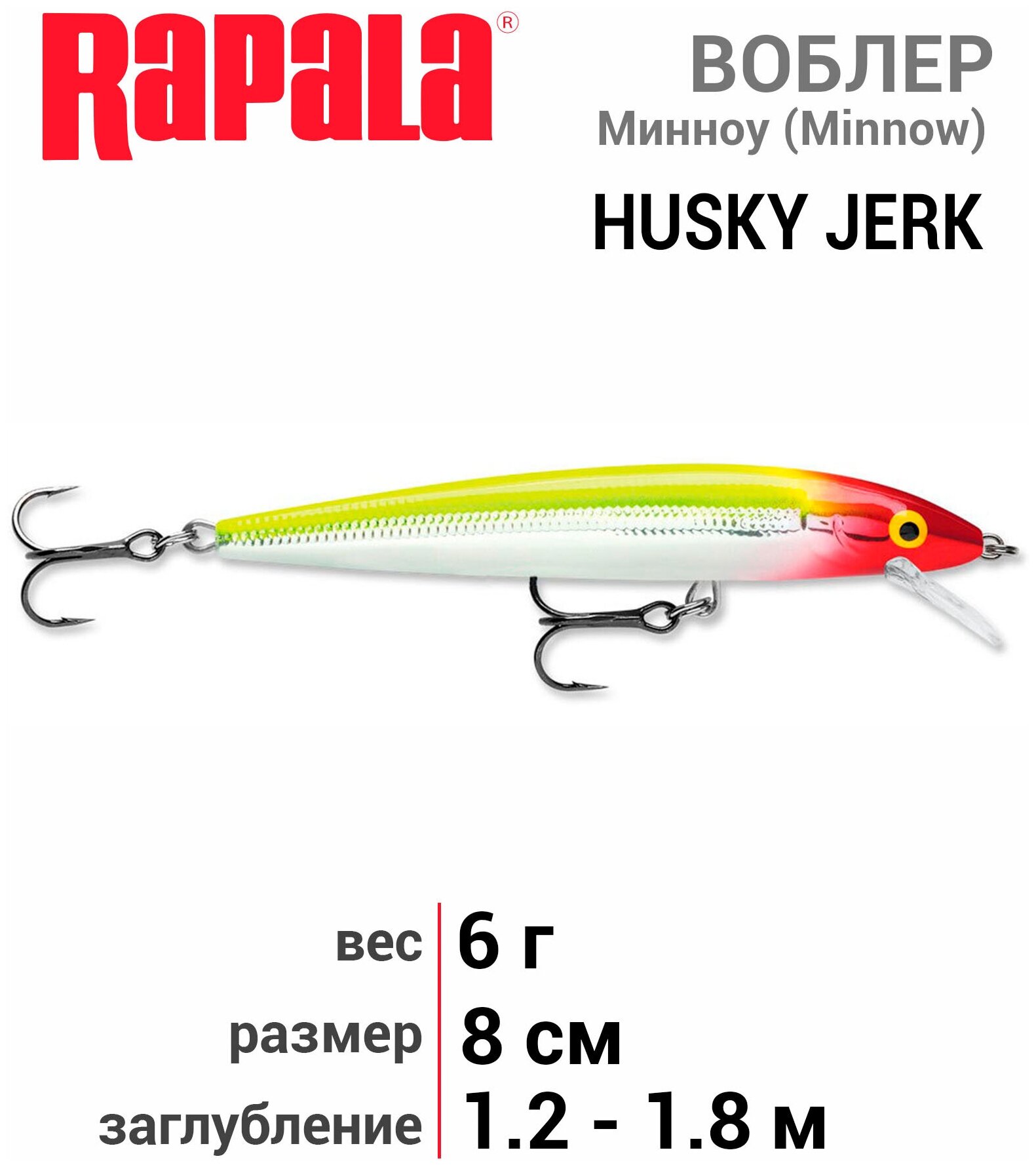 Воблер суспендер Rapala Husky Jerk HJ08-CLN (1,2м-1,8м, 8 см 6 гр) - фото №3