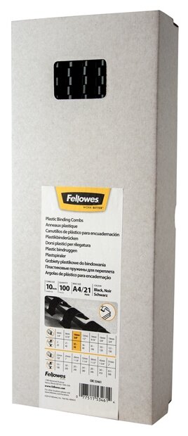 Пружины для переплета пластиковые Fellowes®, 10 мм, (41-55 листов), 100 шт, 21 кольцо, черные.