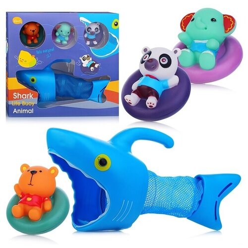 Набор игрушек для купания КНР акула-сачок 28х10х12 см, 3 фигурки-брызгалки 8-7,5 см (SZ-YS900A)