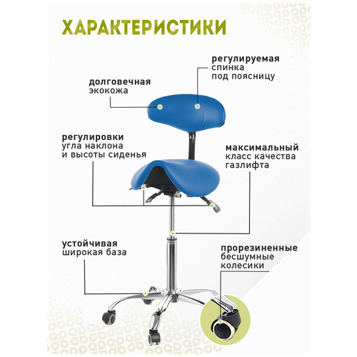 Стул-седло со спинкой, на колесиках Smartstool S03B, Голубой. Универсальный для дома и офиса.