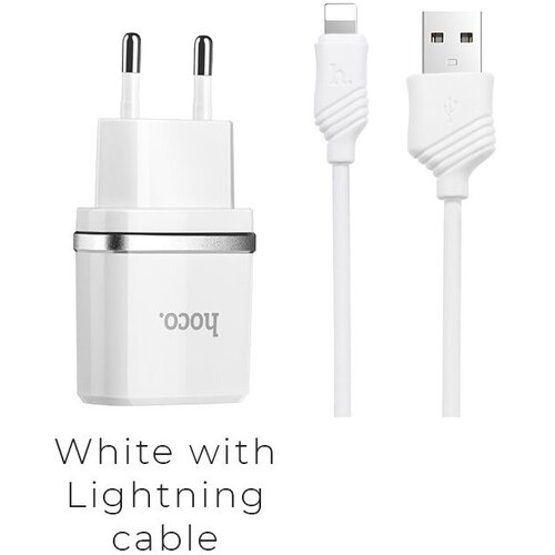 СЗУ HOCO C12 Smart 2xUSB, 2.4А USB кабель Lightning 8-pin, 1м (белый) сзу hoco c12 smart 2xusb с кабелем lightning белый