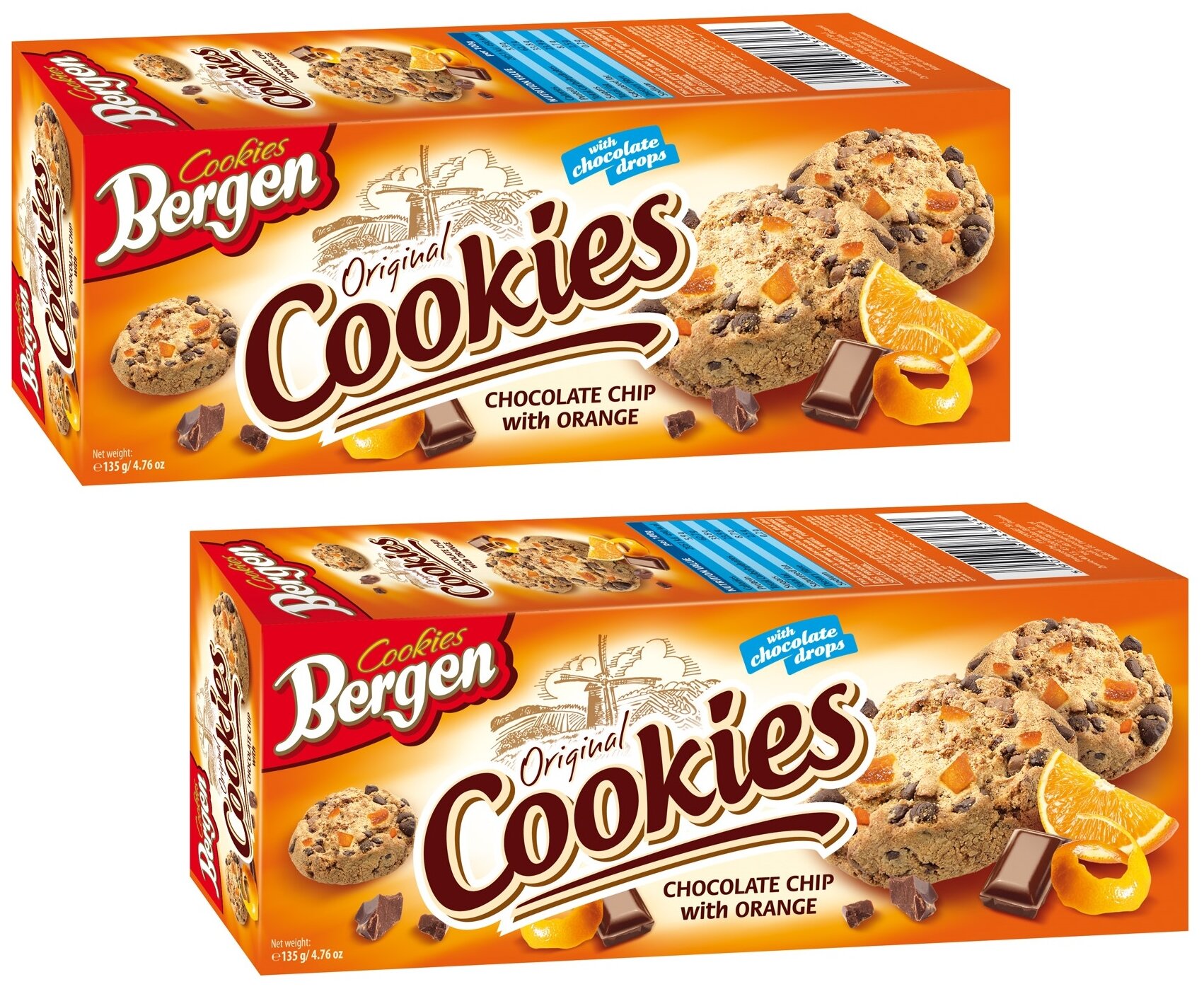Печенье BERGEN "ORIGINAL COOKIES" с кусочками шоколада и цедрой апельсина, 135г, 2шт.