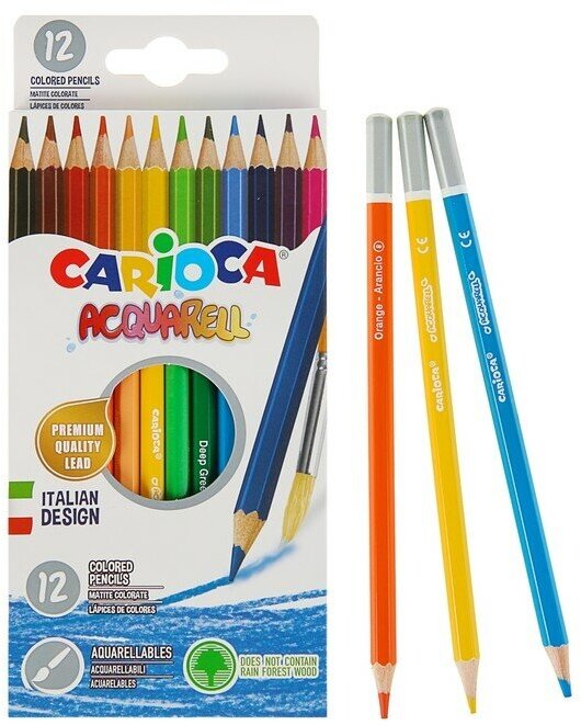 CARIOCA Карандаши акварельные 12 цветов Carioca "Acquarell", шестигранные, деревянные, мягкий грифель 3,3 мм, картонная упаковка