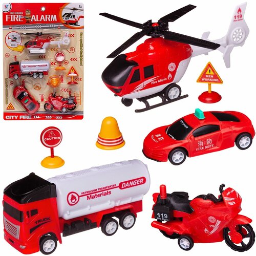 Игровой набор Junfa Пожарная служба (2 машинки, вертолет, мотоцикл инерционные, пластмассовые, дорожные знаки) игровой набор junfa полиция 2 машинки вертолет мотоцикл инерционные пластмассовые дорожные знак