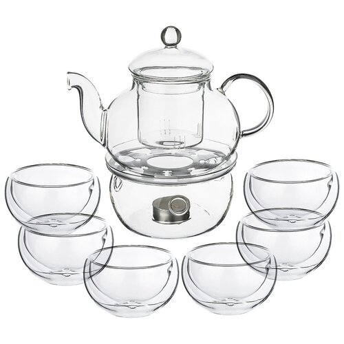 фото Чайный набор на 6 персон double-wall 7пр.: чайник 800мл , 6 чашек 60мл agness (250-115)