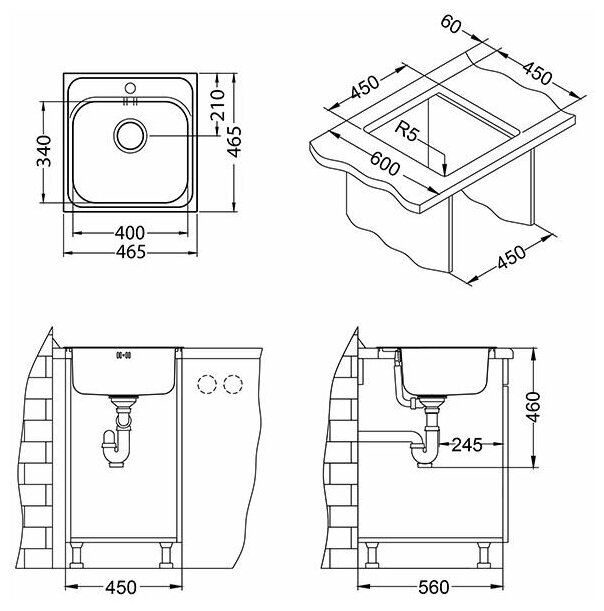 Мойка для кухни нержавеющая сталь ALVEUS BASIC 140 NAT-90 465 X 465 в комплекте с сифоном. Цвет серый металлик - фотография № 6