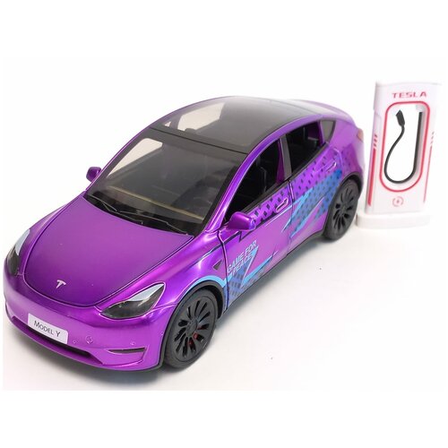 Машинка Tesla Model Y металлическая с клаксоном 1:26, свет, звук, с заправкой