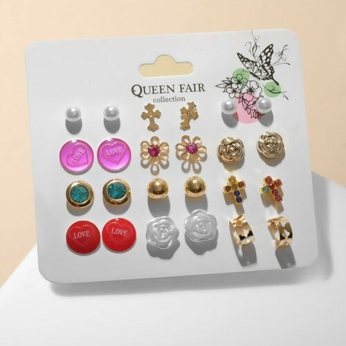 queen fair набор серьги 12 пар сердечки смайлик цветные в серебре Серьги Queen Fair