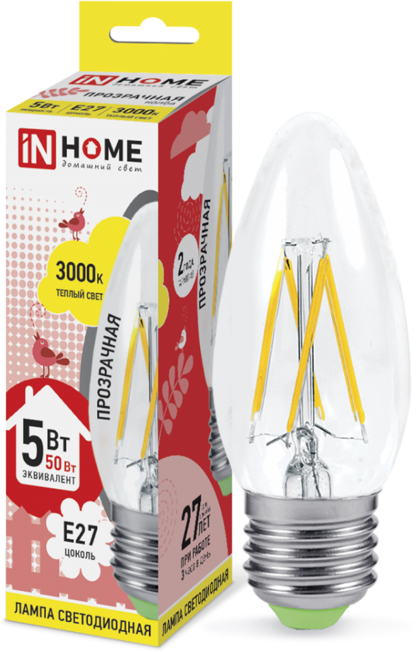 Светодиодная LED лампа свеча нитевидная IN HOME E27(е27) 5W (Вт) 3000K 450lm 100x35 220V filament прозрачная 4690612007588