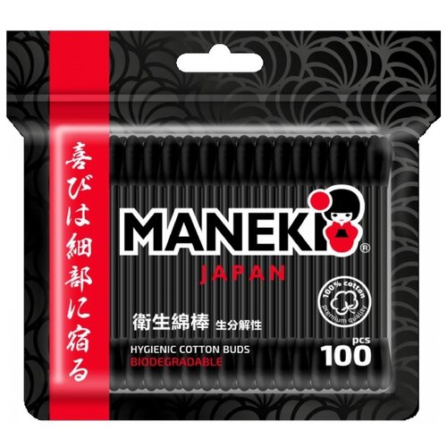 Ватные палочки Maneki Black&White с черным стиком, черный, 100 шт., пакет