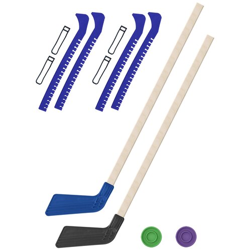 фото Набор зимний: 2 клюшки хоккейных синяя и чёрная 80 см.+2 шайбы + чехлы для коньков синие - 2 шт. винтер