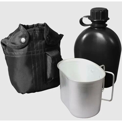 Фляга армейская с алюминиевым котелком черная