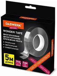 Клейкая двухсторонняя крепежная строительная монтажная лента скотч прозрачная Nano tape, 5м, толщина 2мм, Daswerk, 607929