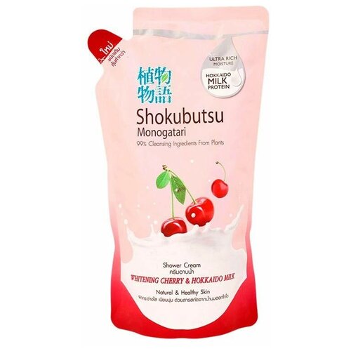 Крем-гель для душа Shokubutsu Whitening Cherry & Hokkaido Milk, сменный блок, 500 мл lion shokubutsu monogotari whitening cherry and hokkaido milk shower cream