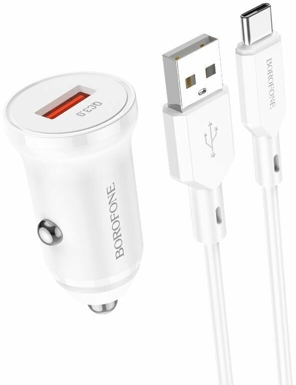 Зарядное устройство автомобильное USB + кабель Type-C (QC3.0, 3000mA) BOROFONE BZ18 Белый