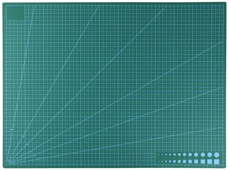 Коврик для макетирования и резки А2 двусторонний с самовосстанавливающимся покрытием 594 x 420 х 3мм, размер A2. Цвет сине-зеленый с разметкой и геометрическими рисунками.