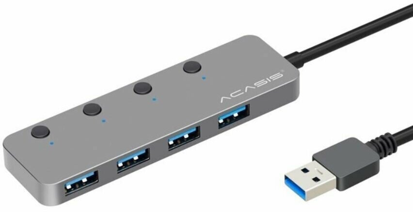 Хаб USB Acasis HS-080S на 4 порта USB 3.0 с кнопками выключения, 120 см - Серый