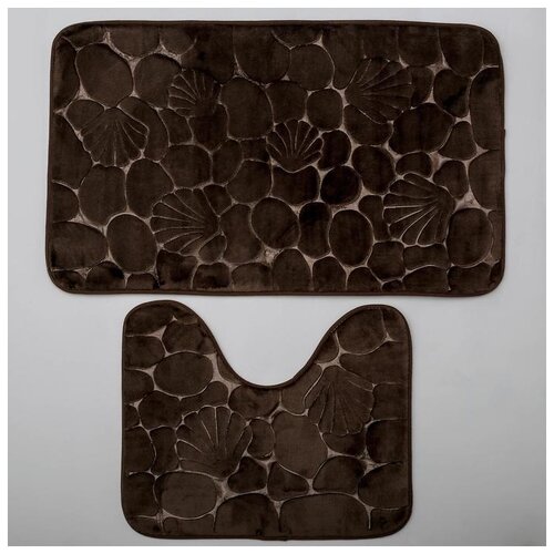 фото Набор ковриков для ванны и туалета 2 шт 40х50, 50х80 см "галька, ракушки" цвет коричневый 5470102 доляна